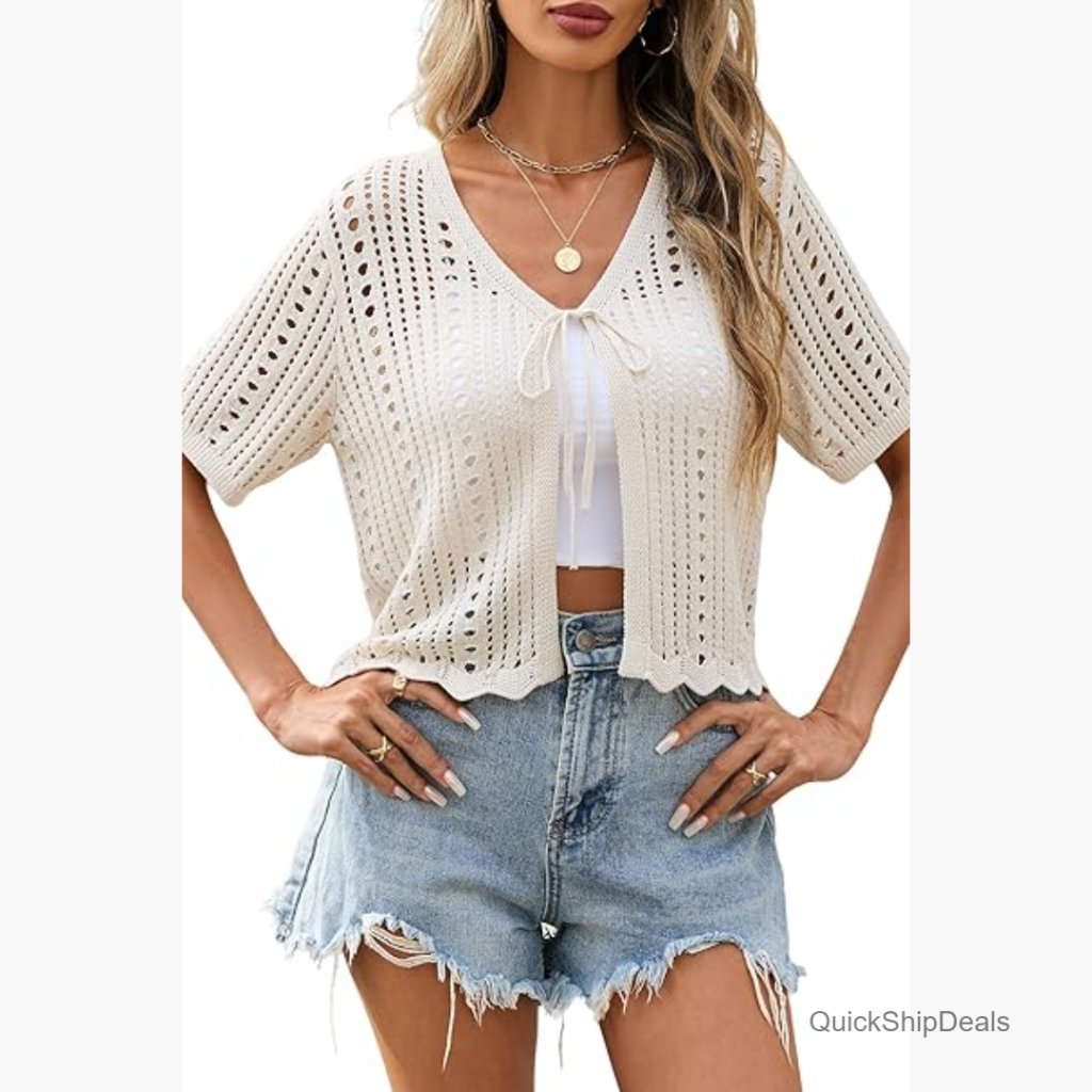 Crochet Cardigan Cropped Short Sleeve Tie Front Lightweight Shrug